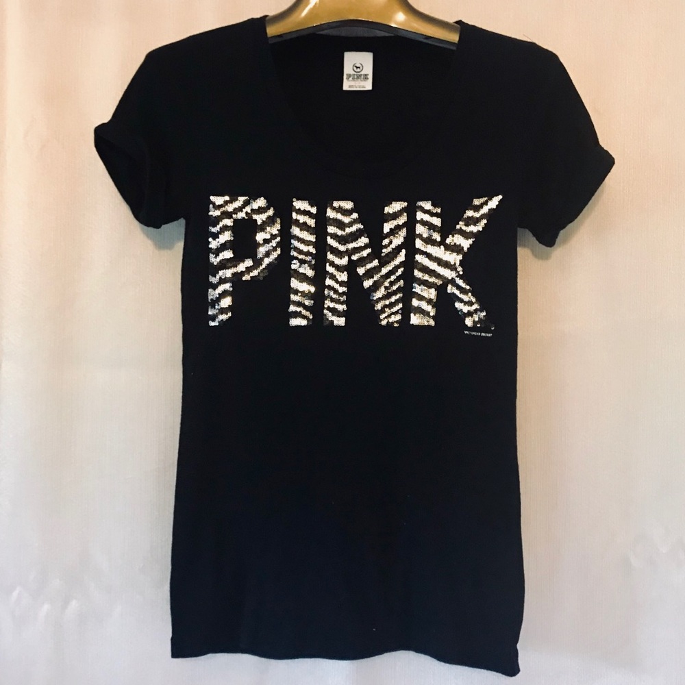 VS PINK Black T-Shirt w/ Scoop Neck, Sequin “PINK”